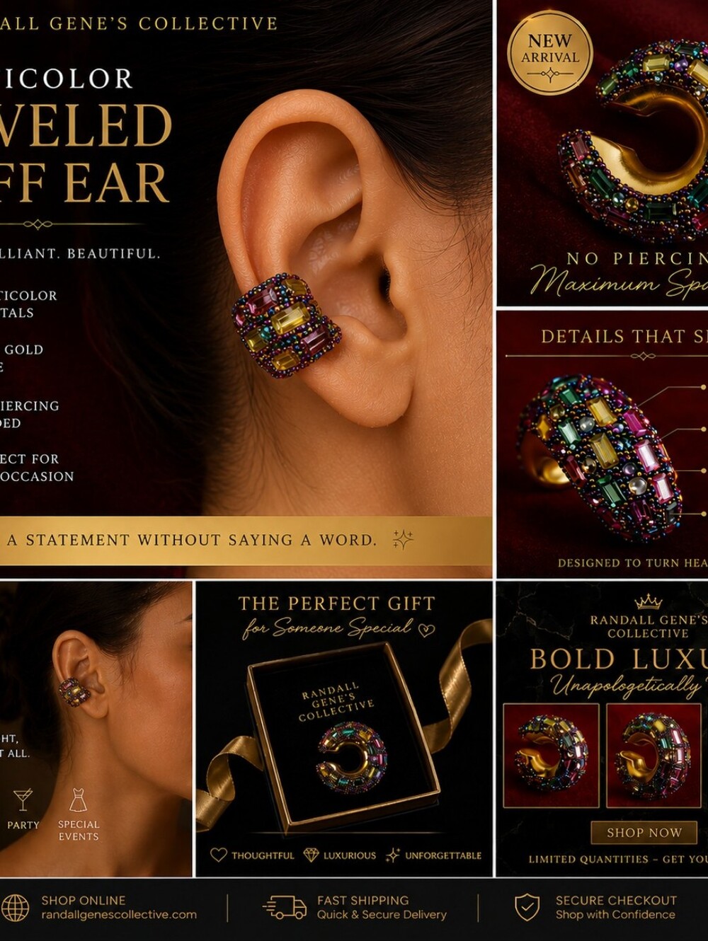 Multicolor Jeweled Gold-Tone Ear Cuff- Bold Statement